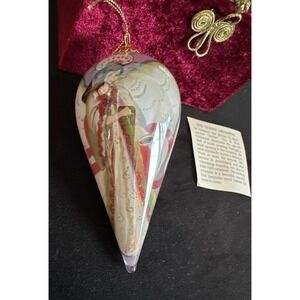 Blown Glass Reverse Painted Inside Teardrop ANGEL Ornament Pier One VTG 5"